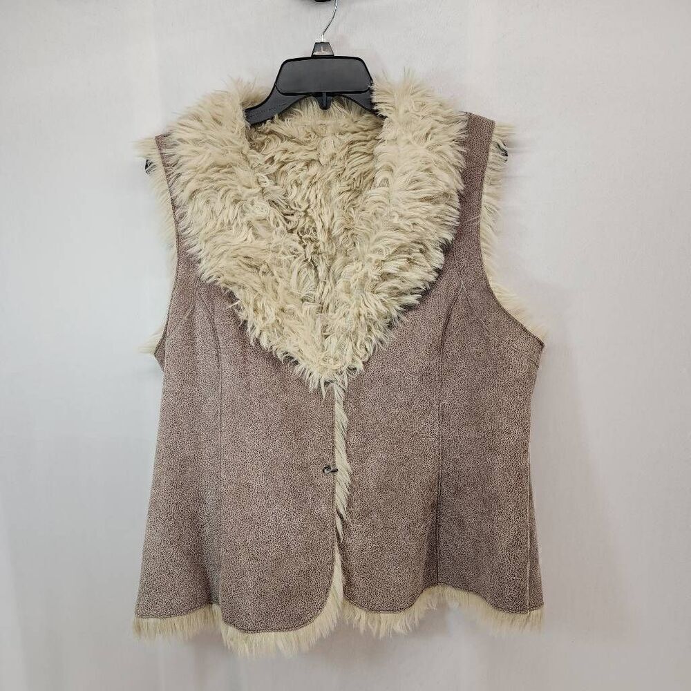 Vintage Size Large 100% Crackle Suede Leather Brown Faux Fur Trim Hippy Boho Ves